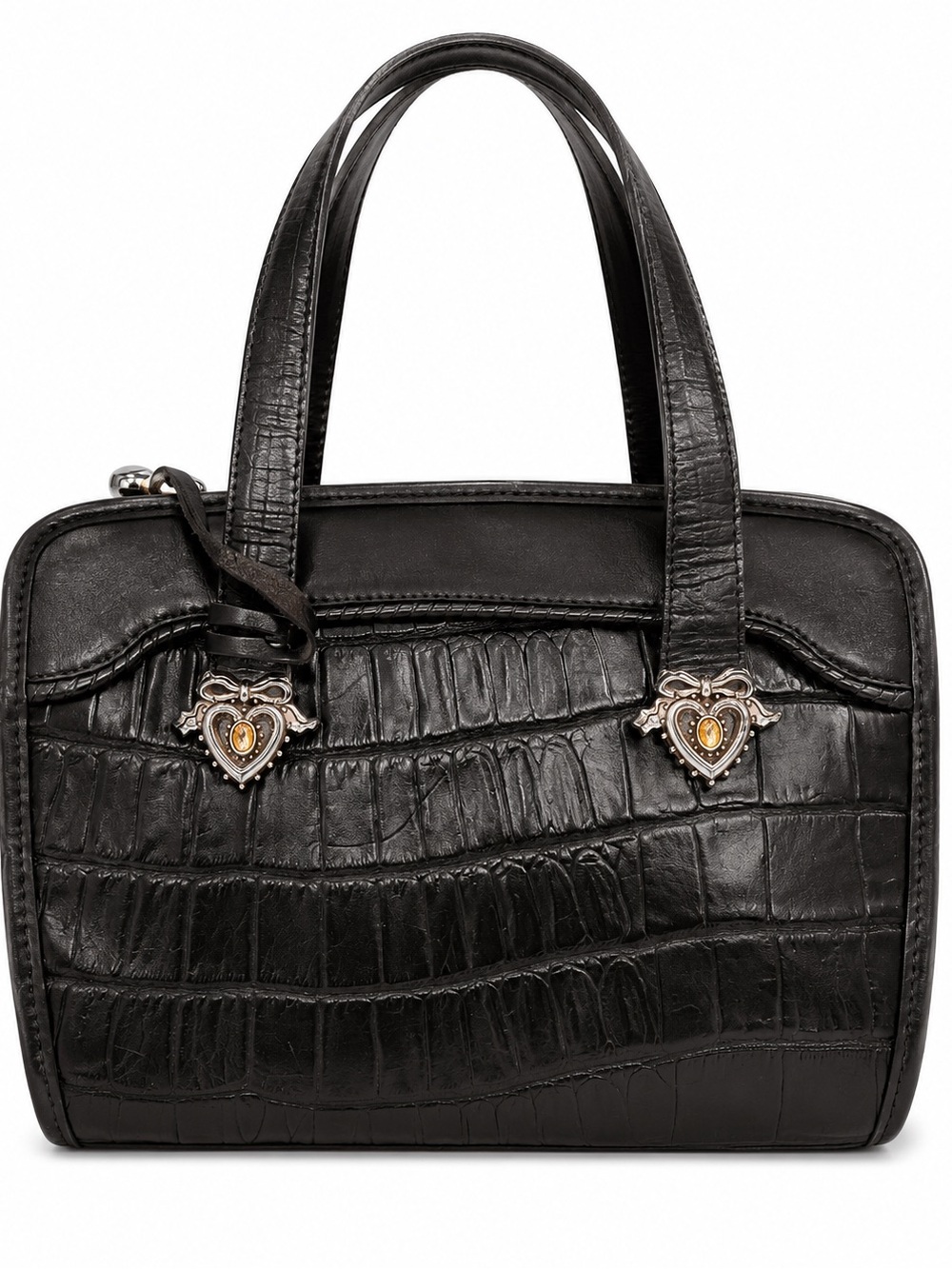Brighton Black Croc-Embossed Satchel with Heart Medallions